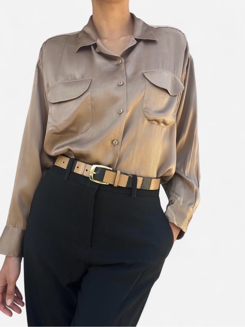 Jones New York Tan and Black Striped Leather Belt with Gold Buckle